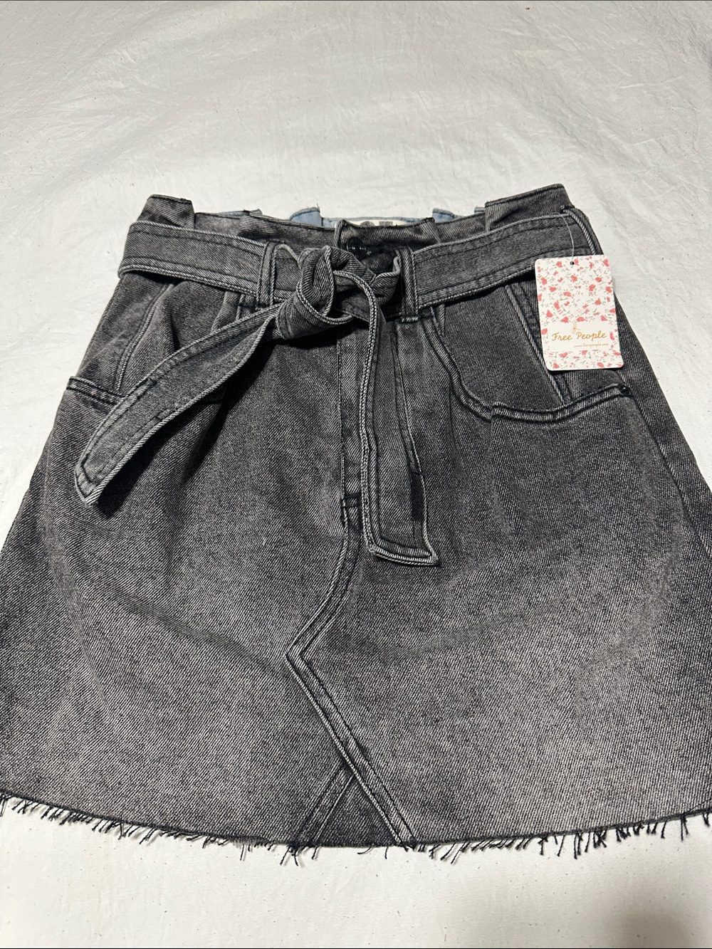 Free People Washed Black Tie-Waist Denim Mini Skirt